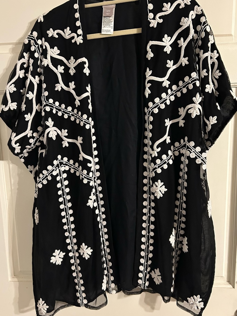 Chico’s Kimono Duster Embroidered Open Front Sheer Black-White Floral Trim S/M